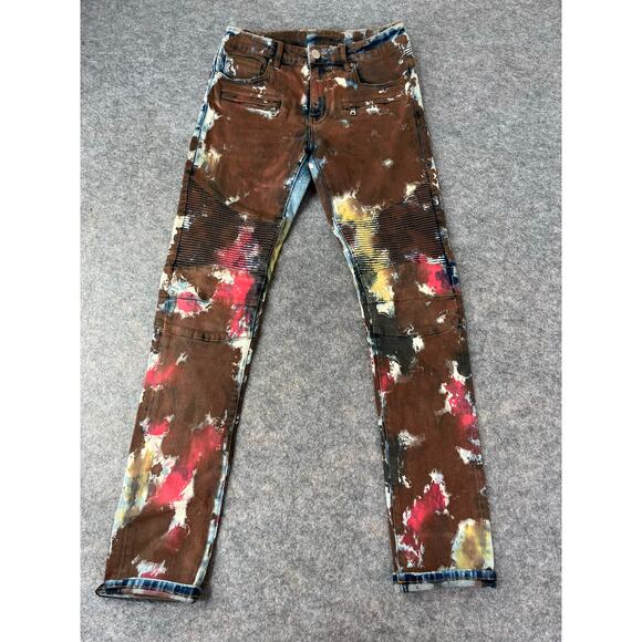 Men's Brown/Multicolored Distressed Thrashed Damaged Painted Denim Jeans - Picture 1 of 10